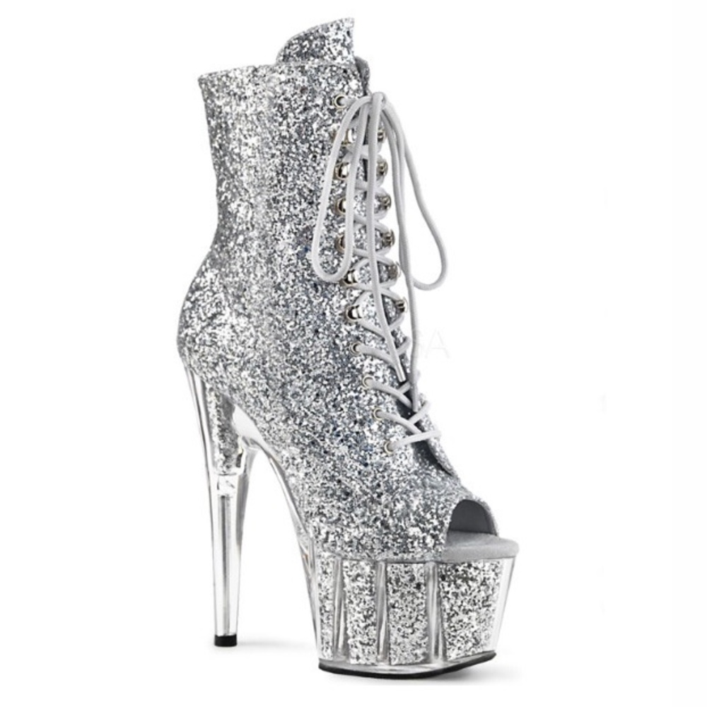 NIB PLEASER Adore 1021 Silver Glitter Ankle Boot Heels Sz 7